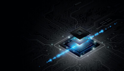 Naklejka premium CPU Chip on Motherboard. Central Computer Processors CPU concept. Quantum computer, large data processing, database concept. Futuristic microchip processor. Digital chip.