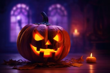 Halloween a carved pumpkin on a wooden floor