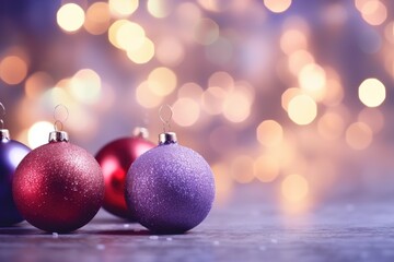 Obraz premium Three colorful Christmas ornaments on a table
