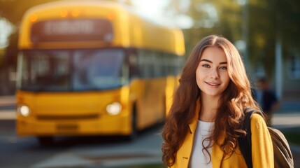Happy student girl looking at camera with blurred school bus on background. Back to school.