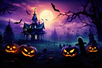 A spooky Halloween scene with pumpkins and a haunted church