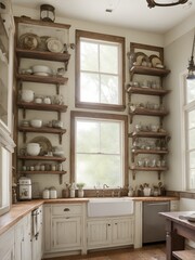 Vintage Eclectic Kitchen: A vintage eclectic kitchen boasts open shelves adorned with antique dishes and rustic accents.