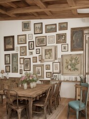 In a rustic yet elegantly styled dining area, a distressed wooden table is surrounded by mismatched chairs. Above the table, a vintage-inspired gallery wall