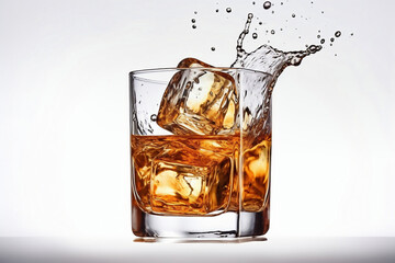 Glass of whiskey with ice with splashes. White background. Splashes and drops of whiskey fly from the glass in different directions.