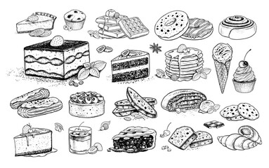 Sketch icons vintage vector illustrations collection of desserts and bakery