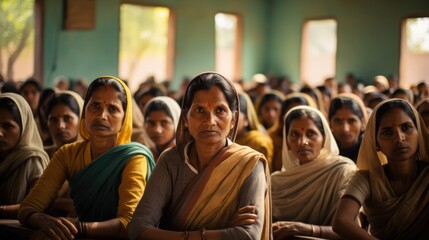 Fototapeta premium A group of middle-aged indian women sitting in a room. Community center education group, class.
