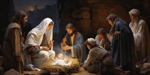 children gathered around a nativity scene.   - obrazy, fototapety, plakaty