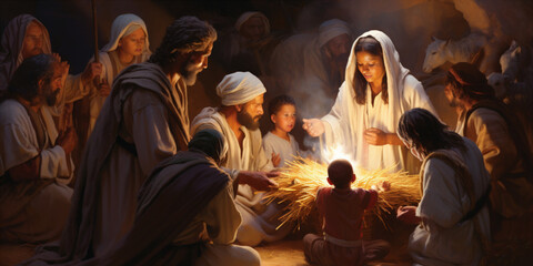 children gathered around a nativity scene.   - obrazy, fototapety, plakaty