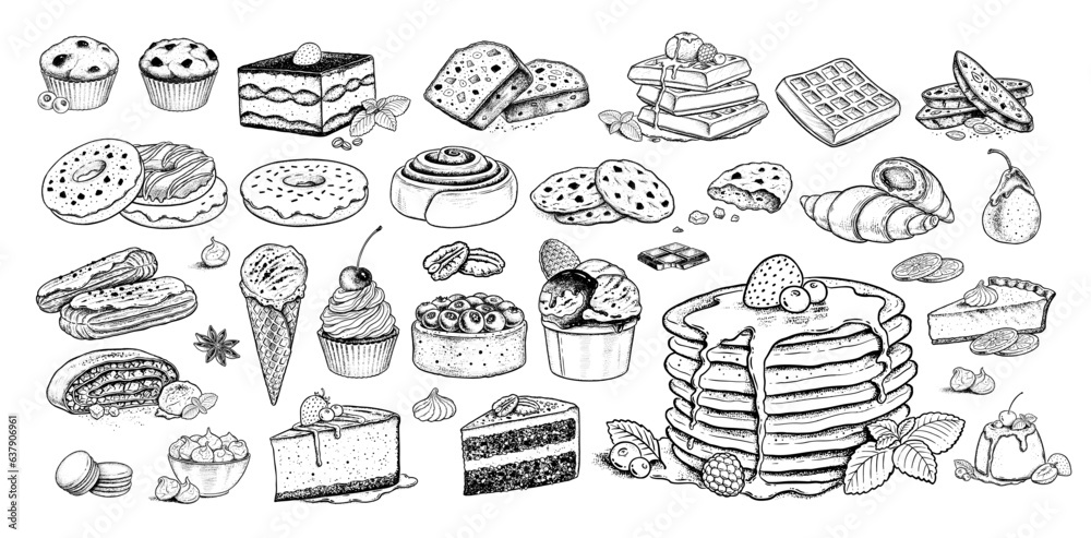 Wall mural Sketch icons vintage vector illustrations set of desserts and bakery