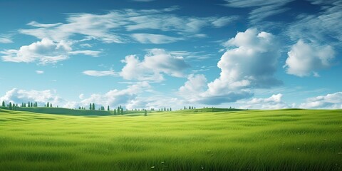 Fototapeta premium Nature canvas. Vibrant fields under blue sky. Meadow serenity. Embracing tranquility of summer. Horizons unveiled. Exploring beauty of green field