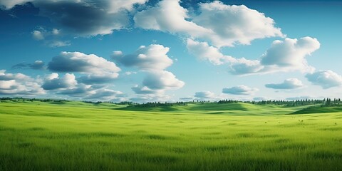 Fototapeta premium Nature canvas. Vibrant fields under blue sky. Meadow serenity. Embracing tranquility of summer. Horizons unveiled. Exploring beauty of green field