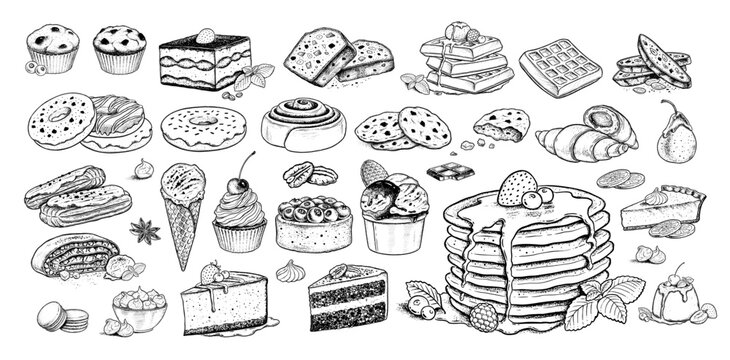 Sketch icons vintage vector illustrations set of desserts and bakery