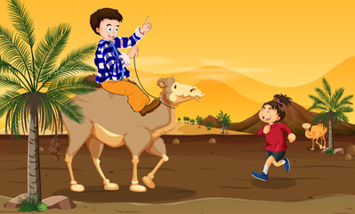 person riding a camel illustration, book cover for children