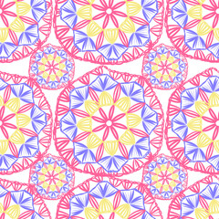 Seamless pattern with multicolored crochet granny squares in flat style isolated on white background