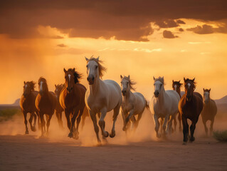 Fototapeta na wymiar Horses free run on desert storm