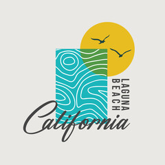 Vector illustration on the theme of California beach. Natural bird fly on branch . sunset on water wave. Stump typography, t-shirt graphics, print, poster, banner, flyer, postcard