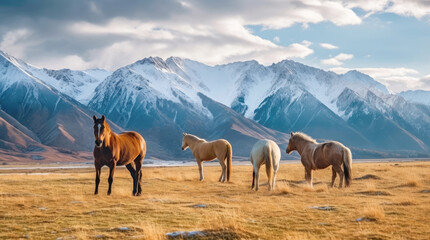 Horses in a pasture near mountains in Kazakhstan - obrazy, fototapety, plakaty