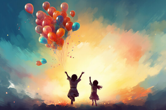 children releasing a cluster of vibrant balloons.  