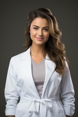 A woman in a lab coat posing for a picture. Digital image.