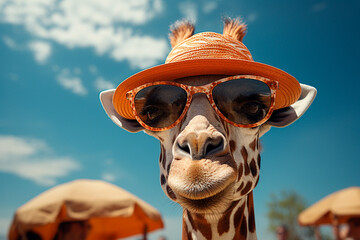 cute funny giraffes wearing sunglasses and hat.