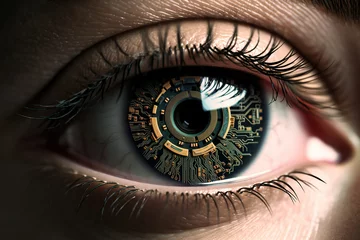 Poster Digital eye looking like the artificial eye of a cyborg with human skin and AI brain from a sci-fi movie, extreme close-up. © Giotto