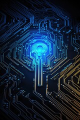 A close up of a circuit board with a key on it. Digital image. Cyber security, fingerprint lines.