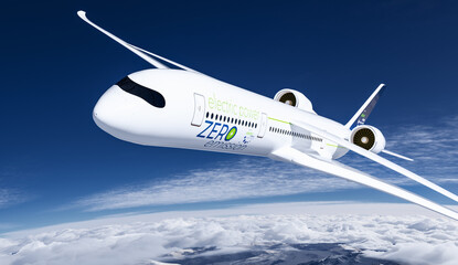 electric powered commercial Aeroplane flying in the sky - future electro energy aviation concept.