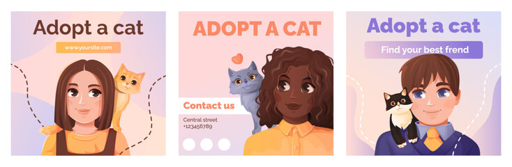 Cute kids with cats on their shoulders. Templates for a cat shelter.