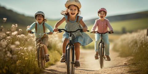 children riding bicycles.  