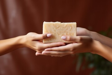 Female hands holding natural soap on blurred background, closeup. background with a copy space.