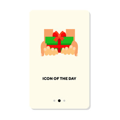 Hands holding birthday gift flat icon. Friend, relaxing, gift isolated vector sign. Entertainment and holiday concept. Vector illustration symbol elements for web design and apps