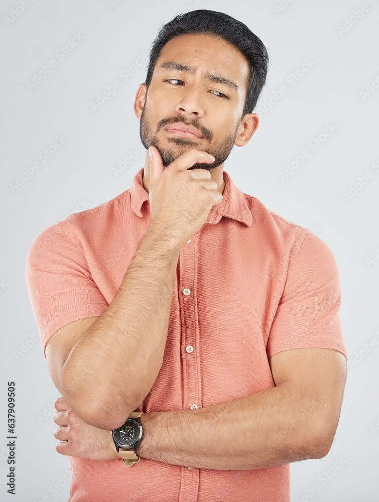 Poster confused, thinking and asian man in studio for planning, decision or questions on grey background sp