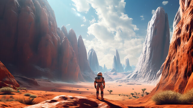 An astronaut explores an unknown planet by AI