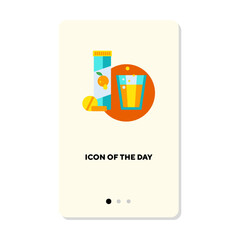Juice powder in pills on white background. Vitamin C adding in water cartoon illustration. Drink, beverage, healthcare concept. Vector illustration symbol elements for web design and apps