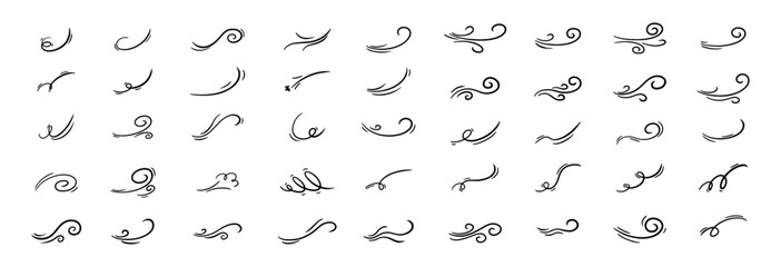 A large set of line winds. Air, wind, swirl in doodle illustration style. Vector illustration on white background