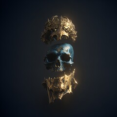 Photo of a golden and blue skull against a dark background