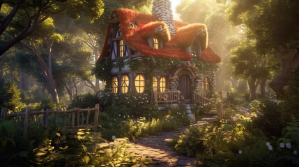 Magic cozy house in the forest by AI