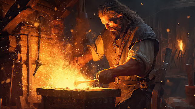 Medieval blacksmith creates a tool in his forge by AI