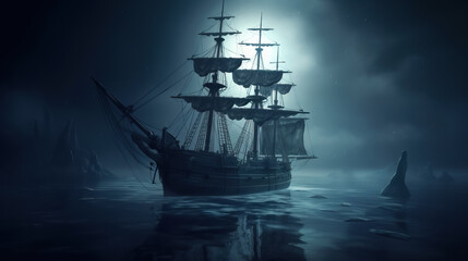 Mystical ship sails at foggy night sea by AI