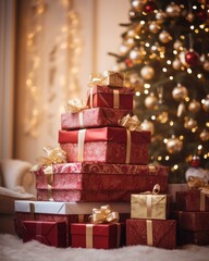A pile of gift boxes under a Christmas tree - stock picture