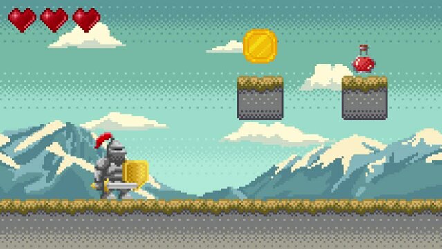 Pixel art animation of knight in armor with sword and shield with mountains and clouds on background. Animated retro video game pixelated scene with platforms with grass, coin and potion flask.