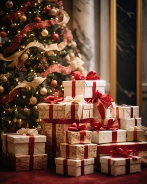 A pile of gift boxes under a Christmas tree - stock picture