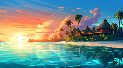 Illustration of a beautiful view of a tropical island - obrazy, fototapety, plakaty