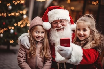 Fototapeta na wymiar Cute kids making a selfie with Santa Clause on Christmas day - stock picture