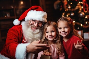 Fototapeta na wymiar Cute kids making a selfie with Santa Clause on Christmas day - stock picture