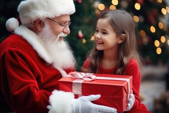 Cute girl getting gifts from Santa Clause on Christmas day - stock picture