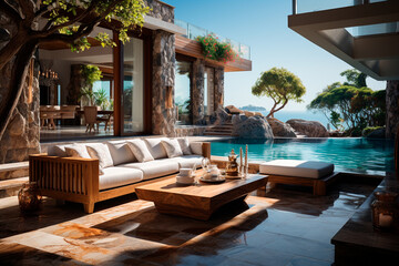 Obraz premium beautiful tropical beach resort with palm tree and chair