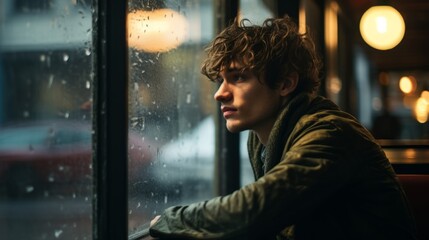 Young man sits by a window, in cafe. Beautiful illustration picture. Generative AI