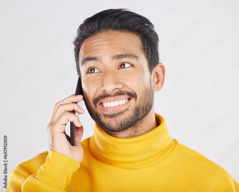 Poster phone call, happy and face of man in studio for conversation, chatting and communication. networking