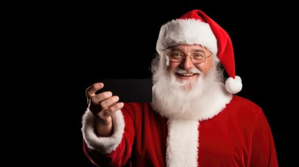 Naklejka premium Santa Clause presenting a gift card plain black background - stock picture